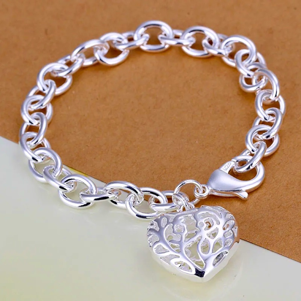SOLD New Silver Filled Womens Filigree Heart Charm Bracelet Bangle 8.0" - Picture 4 of 5